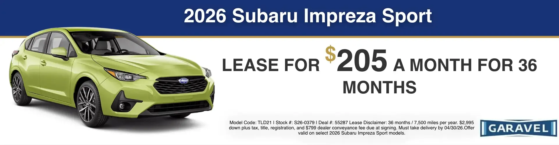2026 Subaru Impreza Sport lease for 205 dollars a month for 36 months at Garavel Subaru dealership